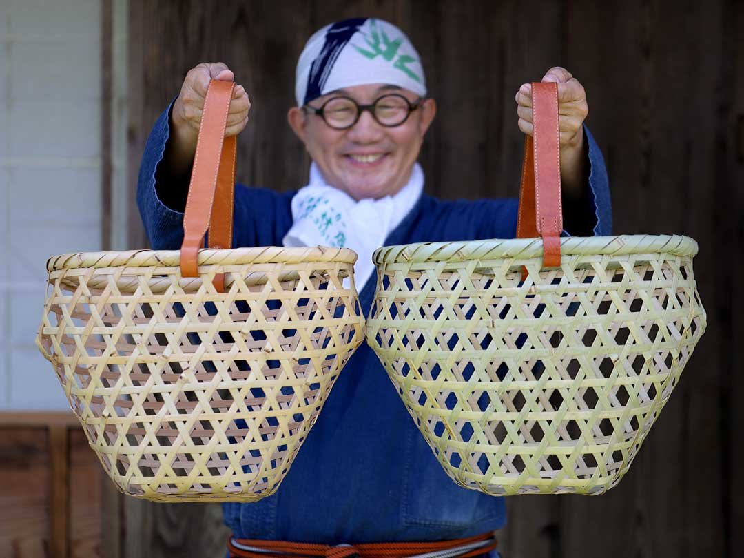 真竹三角革持ち手買い物かご、竹虎四代目（山岸義浩）