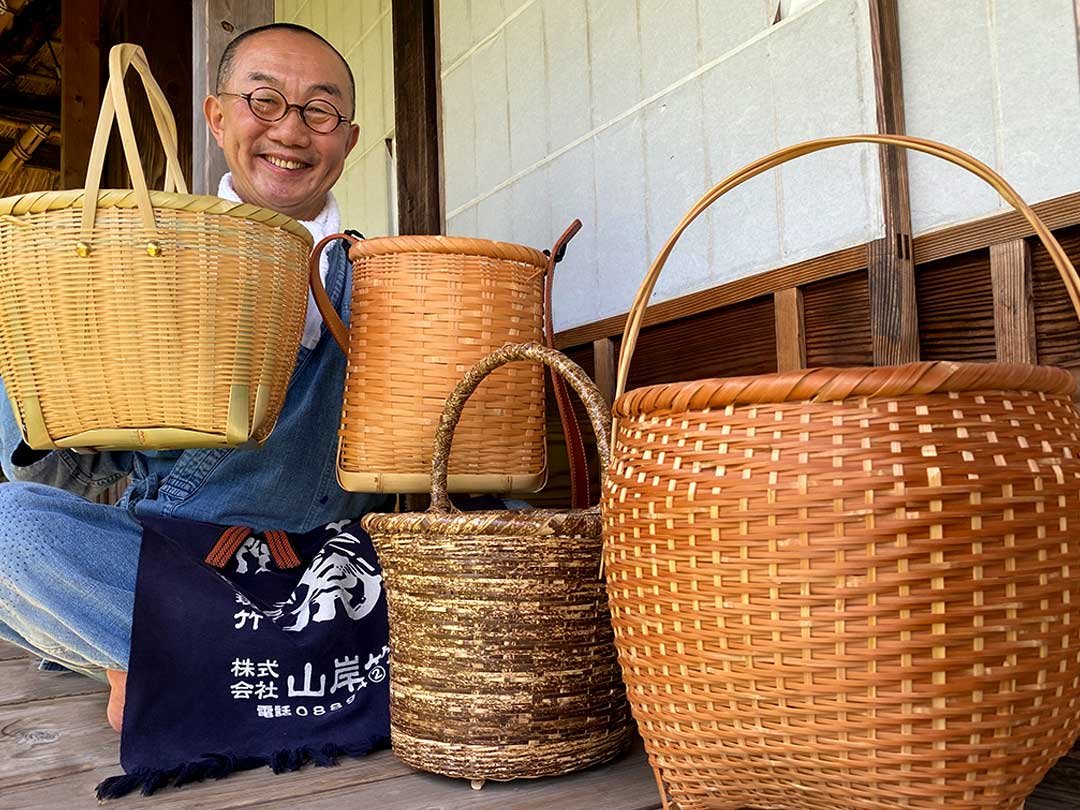 真竹磨きネジリ持ち手買い物籠、竹虎四代目（山岸義浩）