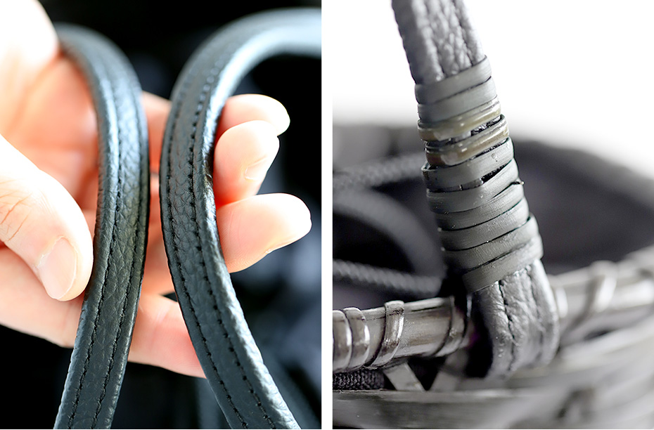 黒塗りやたらかごバッグの革持ち手