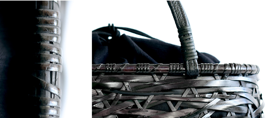 黒塗りやたらかごバッグの縁部分