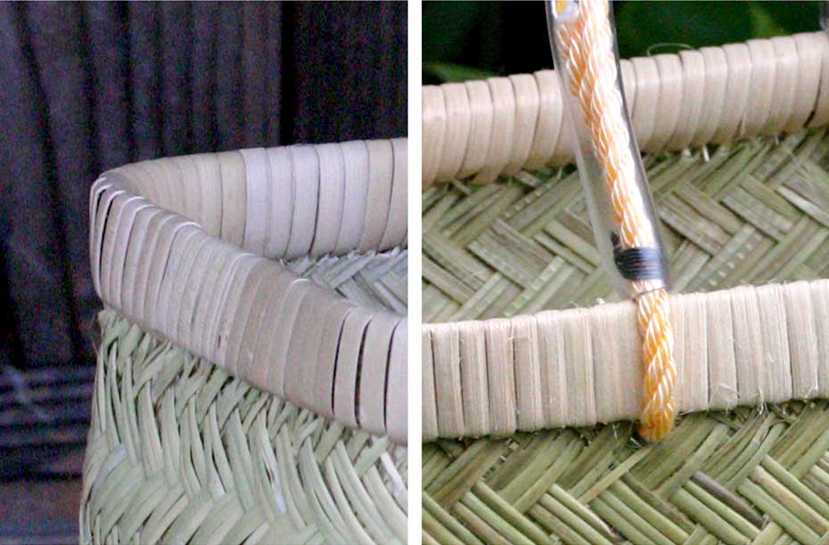 スズ竹市場かご（だ円）篠竹の持ちやすく丈夫な持ち手と籐巻き
