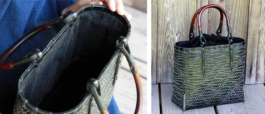 黒編み波網代竹籠バッグの持ち手の留め部分と口部分
