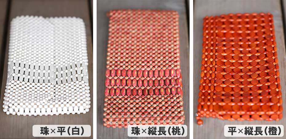 竹レトロクラッチバッグの珠×平（白）、珠×縦長（桃、橙）