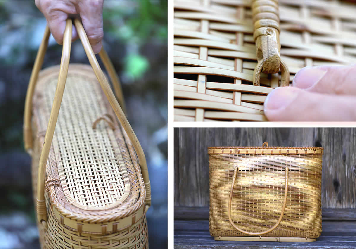 レジェンドの白竹蓋付き手提げ籠バッグ,籐の持ち手