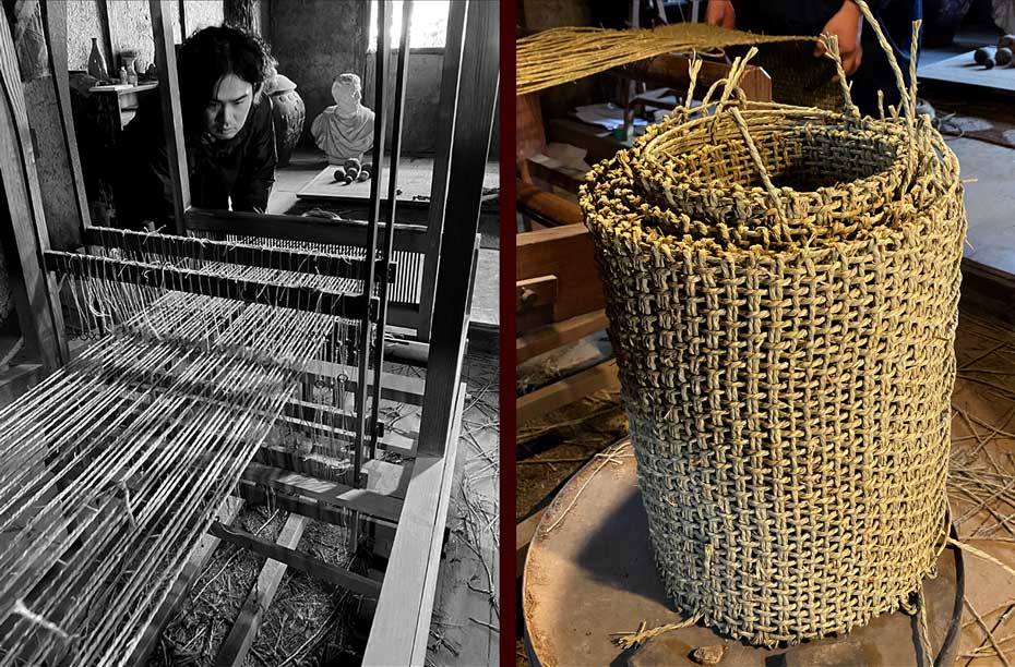 い草編み黒革持ち手バッグの職人と織機
