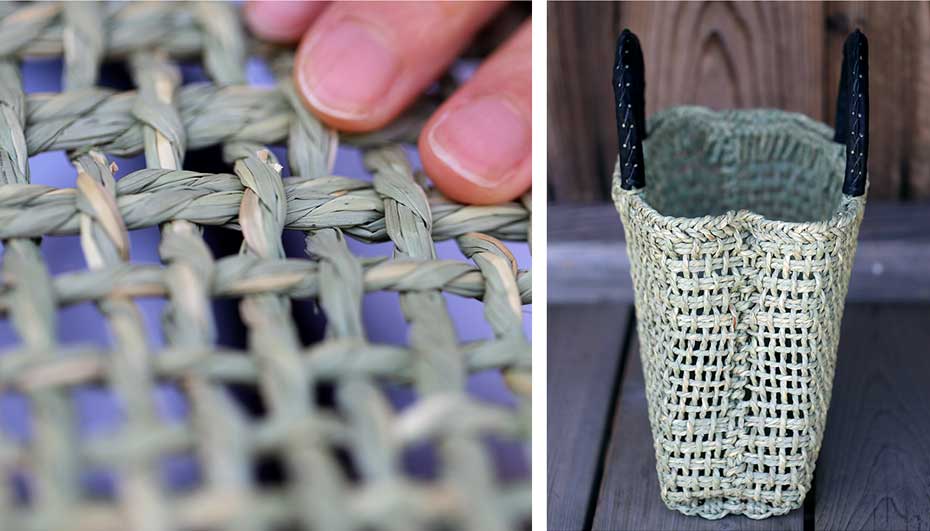 い草編み黒革持ち手バッグの網目と側面