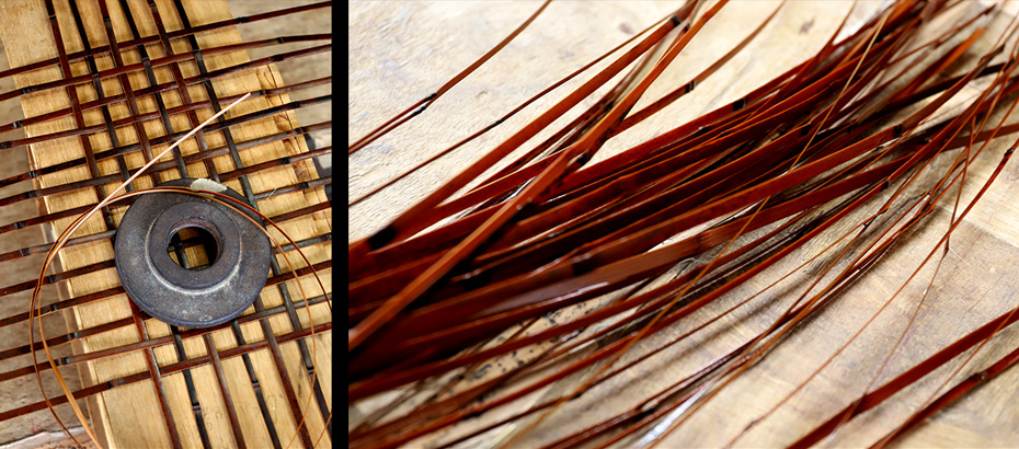 虎竹赤染革手提げ籠バッグの染竹と竹編み
