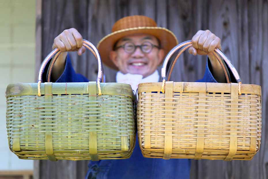 真竹コンテナ手提げ籠バッグの経年変色