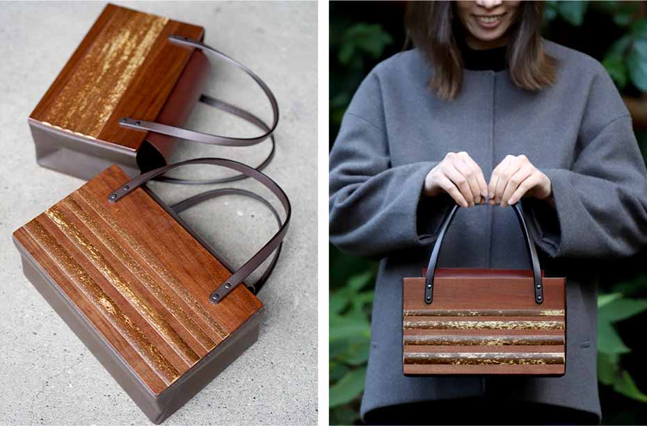 木と虎竹のハンドバッグの全体と持った様子