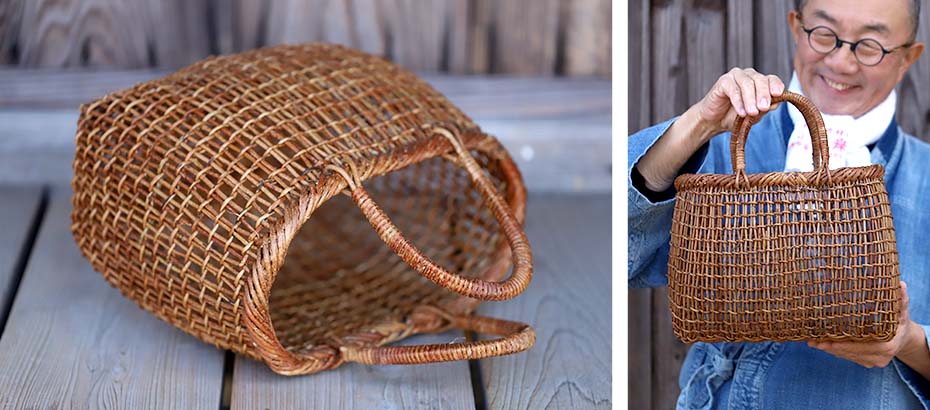あけびこだし編み手提げ籠バッグは熟練の職人が編み上げた素朴さに、自然素材ならではのやさしいぬくもり。