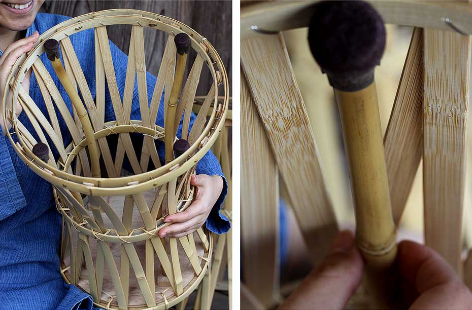 虎竹網代鼓椅子は丸竹で補強