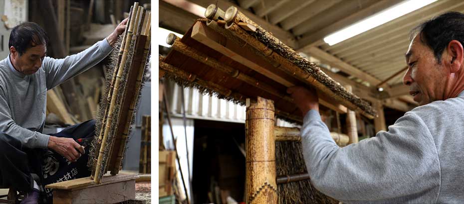虎竹片袖垣枝屋根付を製造する職人