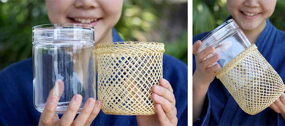 竹編みを簡単に外すことができる白竹広口瓶（保存瓶）