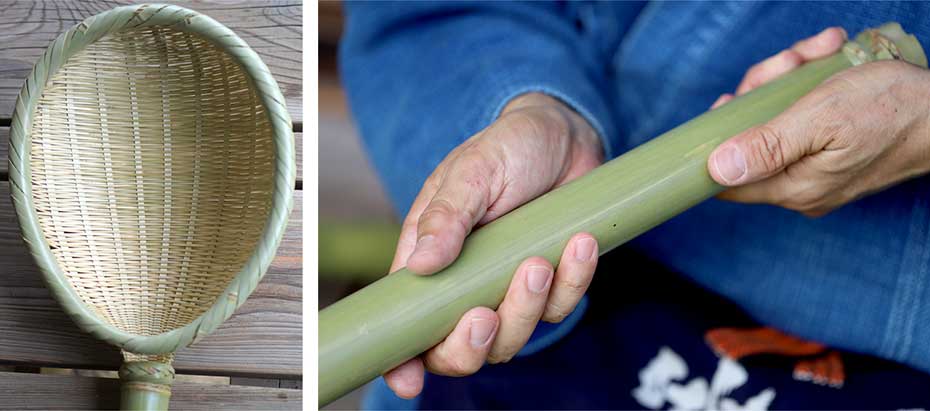 一本の竹を割ってヒゴにして編み込まれた職人の技を感じる水嚢