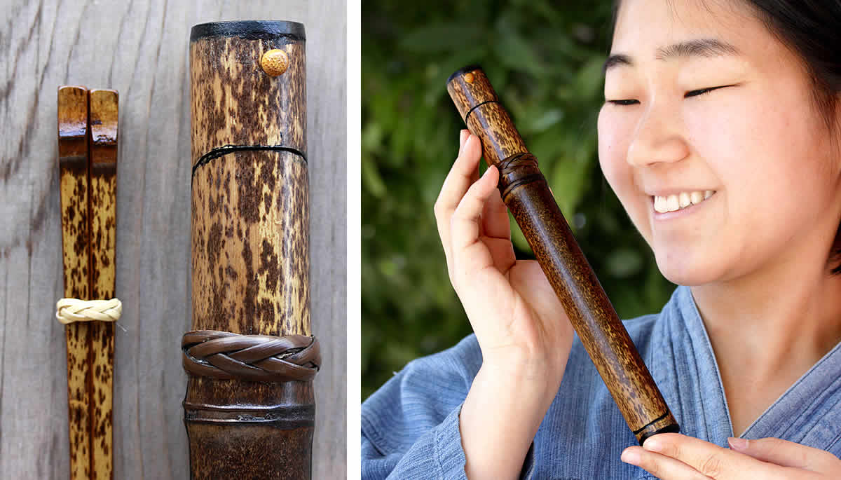 黒竹筒箸箱と虎竹漆箸セット