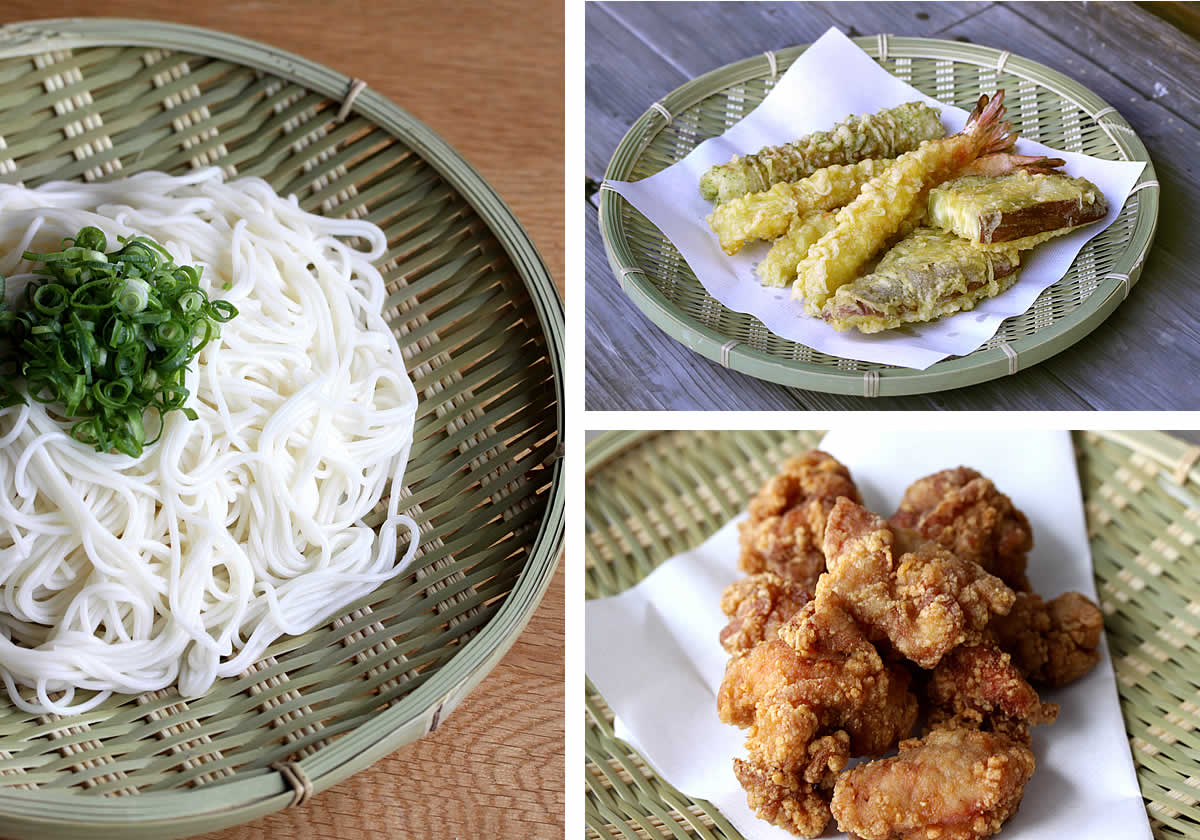 青竹ざる,天ぷら,唐揚げ,そうめん,盛りざる