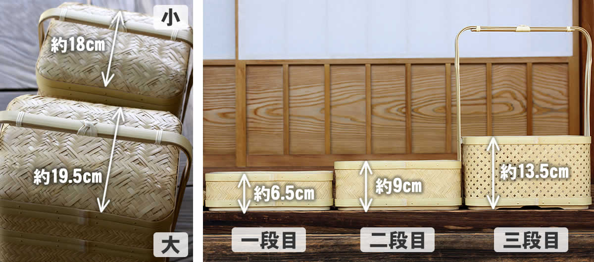 白竹三段弁当箱（角）,サイズ,ランチボックス