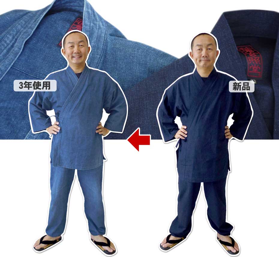 作務衣歴35年の竹虎四代目, 一年に365回作務衣を着る男が, 使い勝手を考えて, 後ポケットを別誂えしました。, 背紋に竹虎刺繍入り藍染め作務衣
