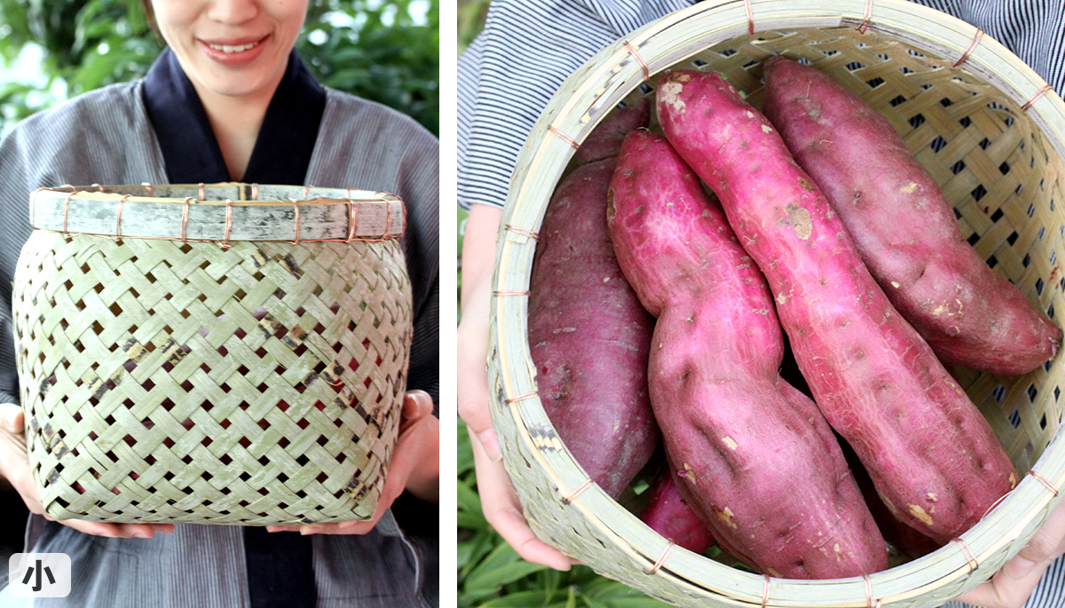 サツマイモなど根菜類の保管に役立つ四つ目かご