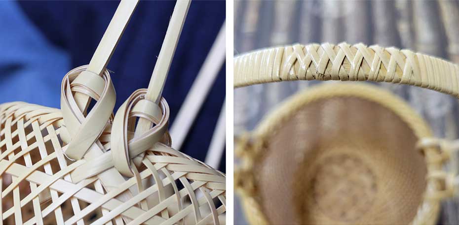 白竹温泉かごの持ち手の藤巻きと独特な持ち手巻き方