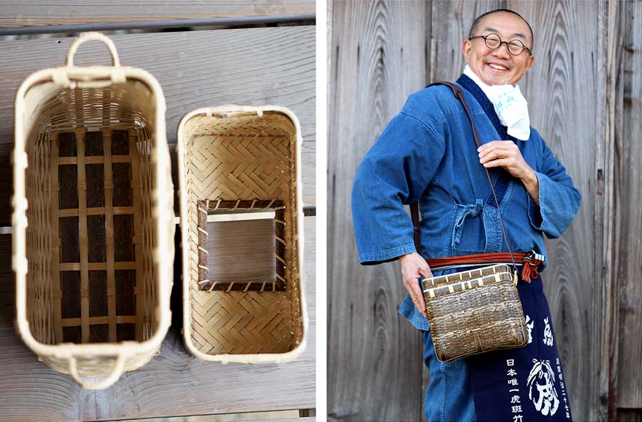 日本唯一の虎竹で作られた蓋に穴が開いた虎竹二段角魚籠（穴開き）