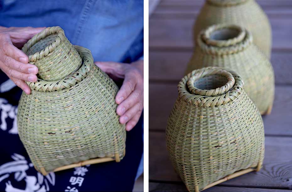 東北の雪の重みに耐えた堅牢な根曲竹で作られる根曲竹魚籠