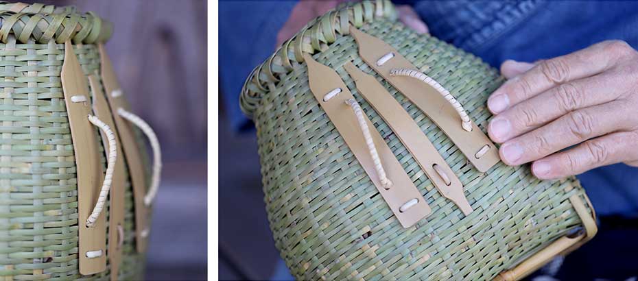真竹と籐で作られた根曲竹魚籠のベルト通し
