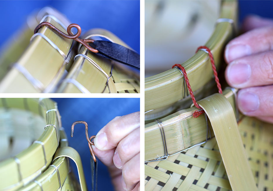真竹磨き鰻魚籠の蓋の固定紐とストッパー