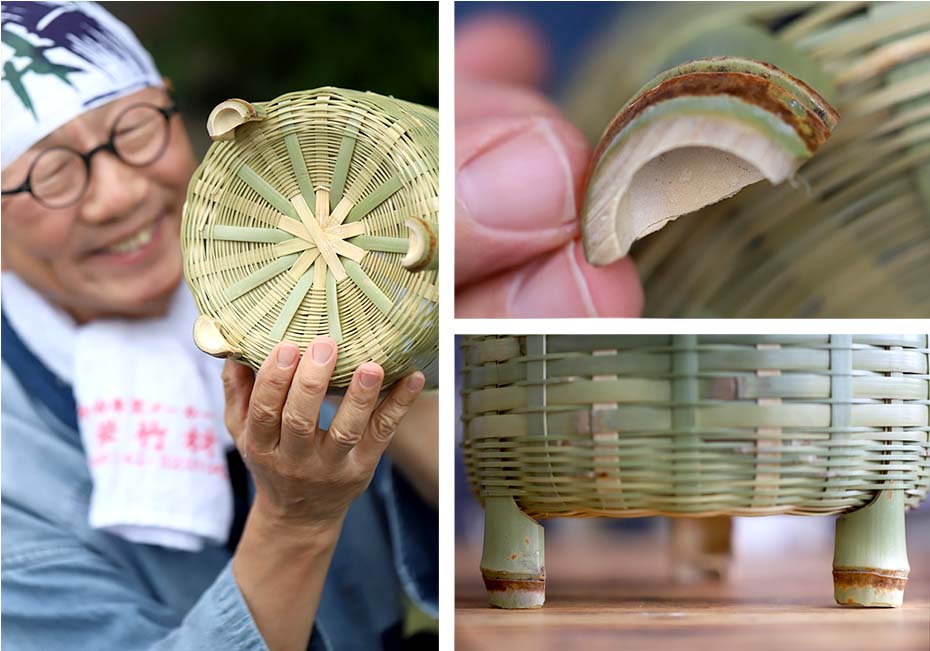 真竹温泉かご(湯カゴ)足付きの菊底編みと半月割りされた竹脚