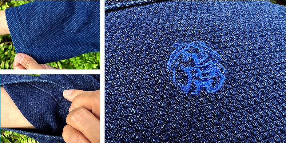 背紋に竹虎刺繍入り藍染め 刺し子織厚地作務衣は丈夫でしっかりとした厚地の刺し子織