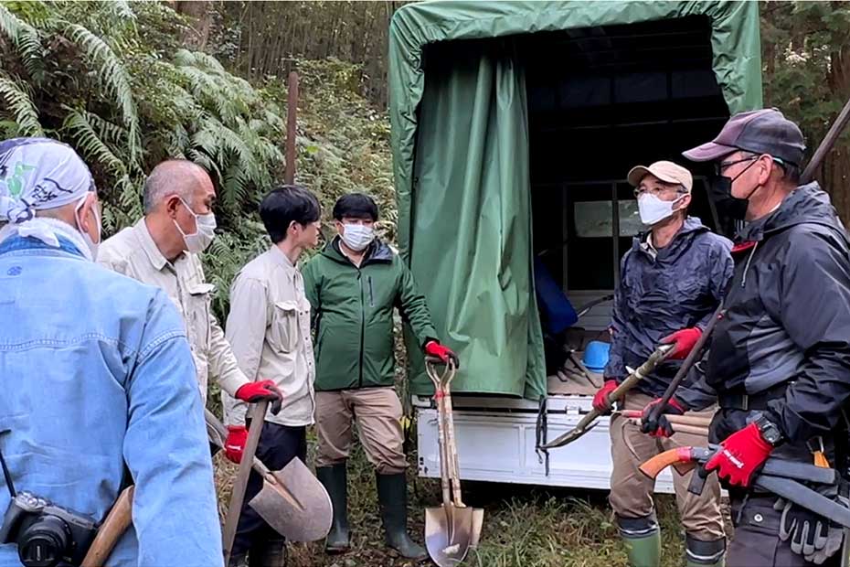 牧野植物園の職員さんと虎斑竹の掘り出し作業