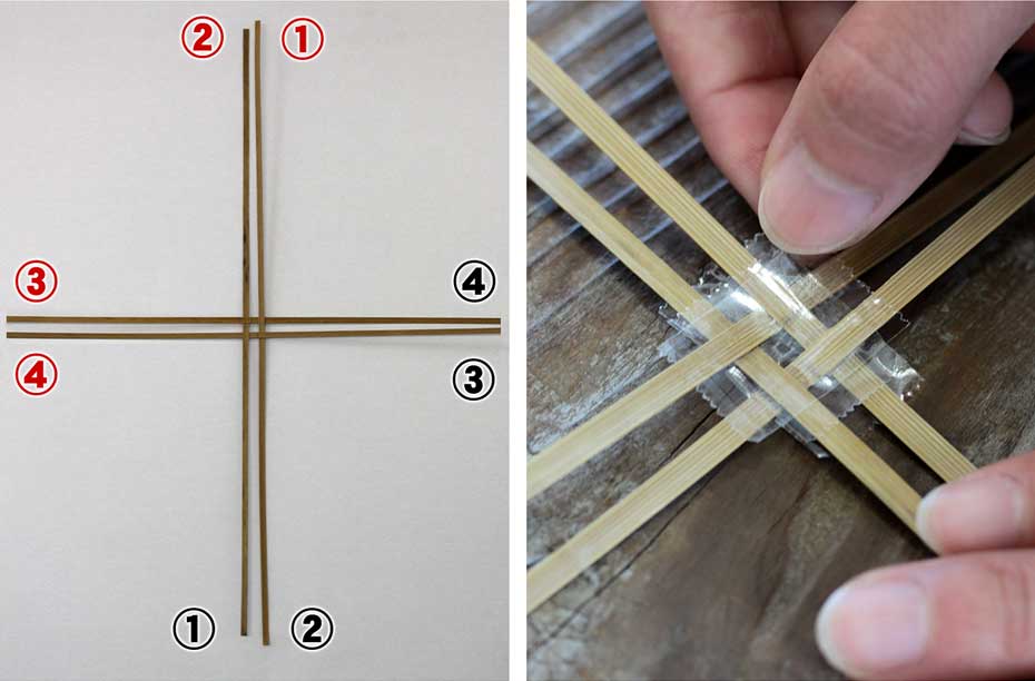 手順1、竹ひごを四ツ目に編む