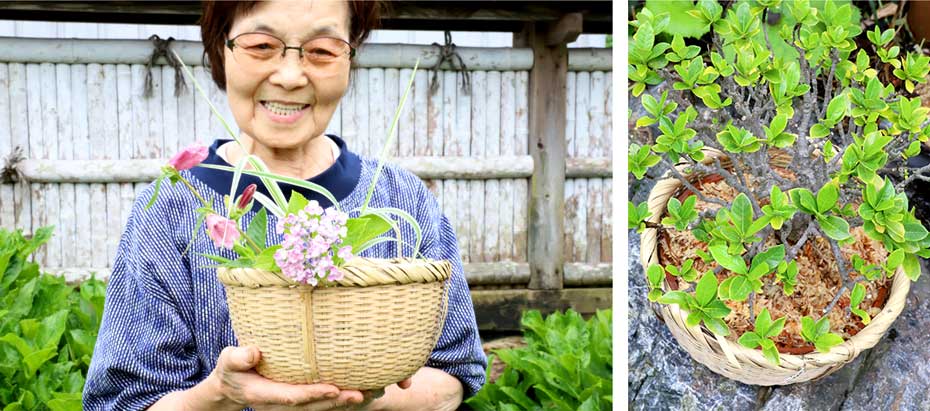 竹ザルを使った花活け