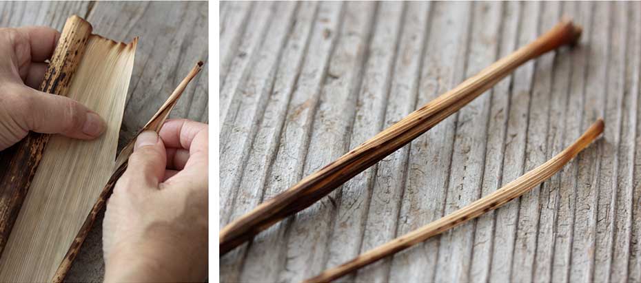 国産竹皮で紐作り