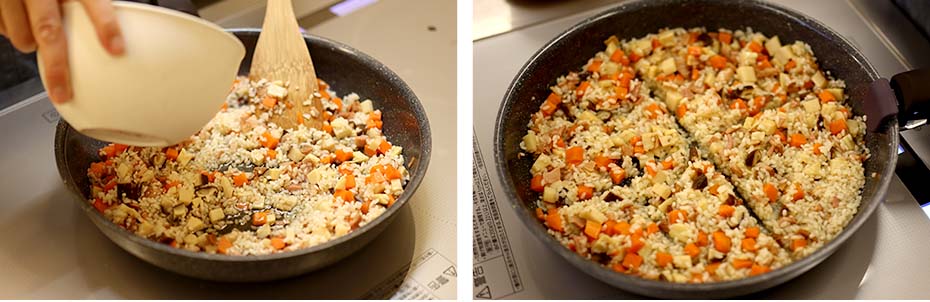 戻し汁と調味料を加えて炒める