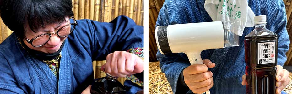 竹酢液のボトルキャップが開きにくい場合は、ドライヤーを使うと簡単に開けることができます。