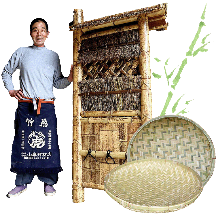 竹虎職人、片袖垣（枝屋根付き）、国産竹ざる