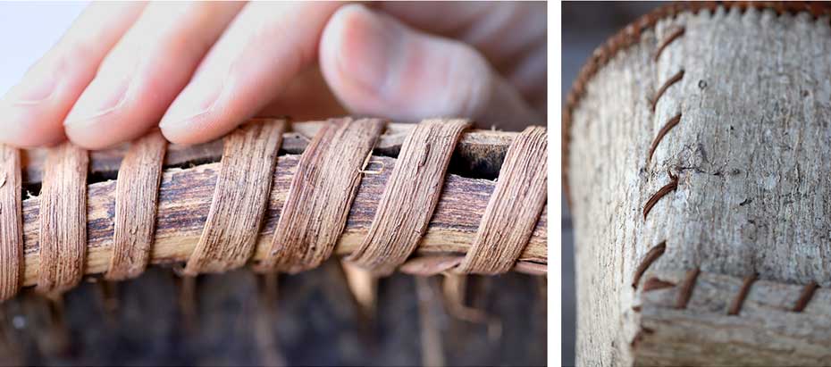 サワグルミ丸籠（白磁）の輪部分と編み紐
