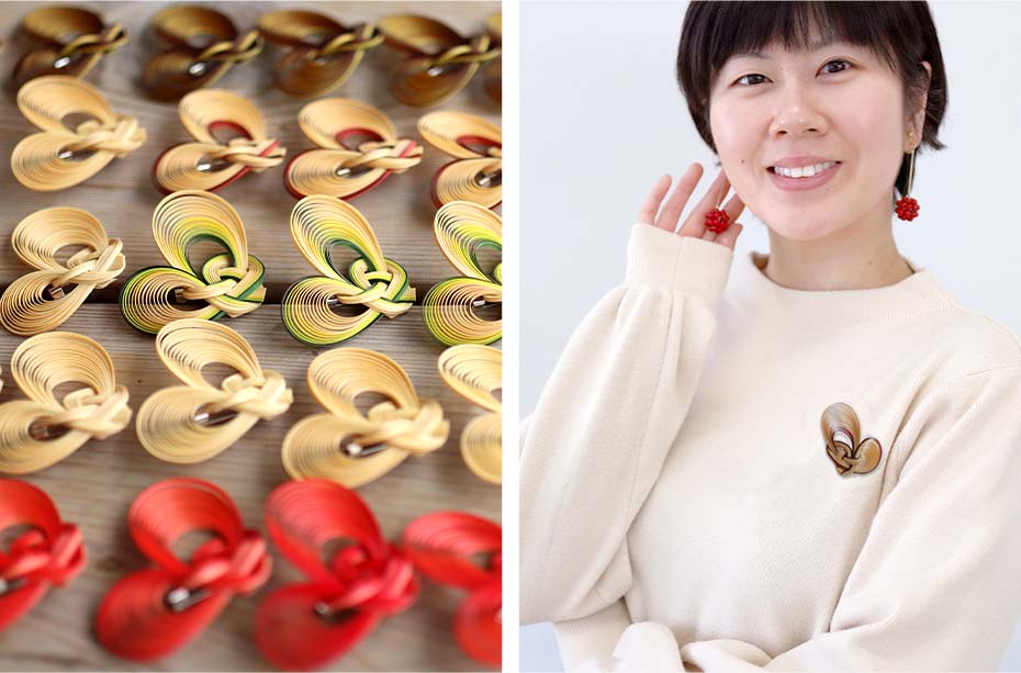 竹を束ねたハート型のブローチは種類豊富