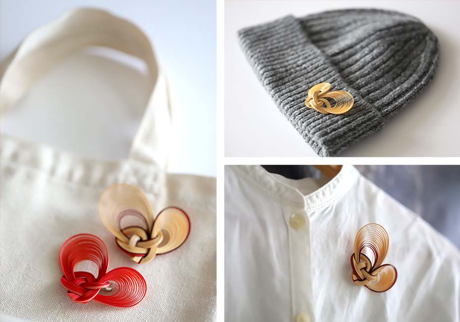 竹を束ねたハート型のブローチのコーディネート