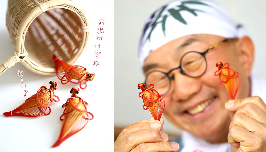 素朴な竹編み赤亀ブローチ