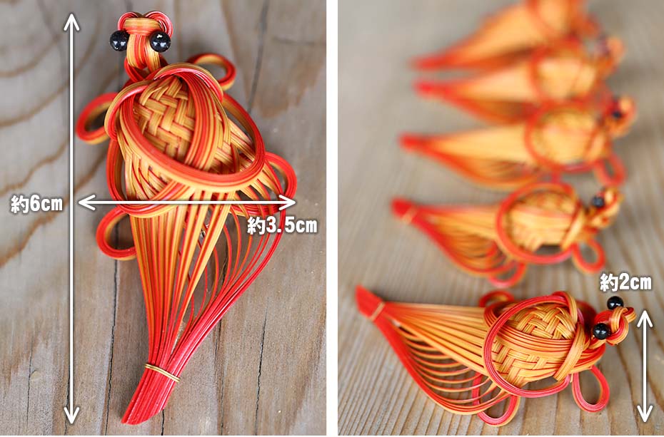 竹編み赤亀ブローチのサイズ
