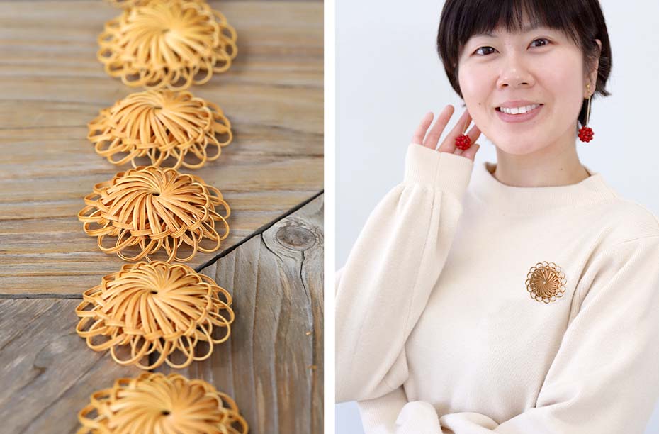 素朴な大輪の花竹ブローチ